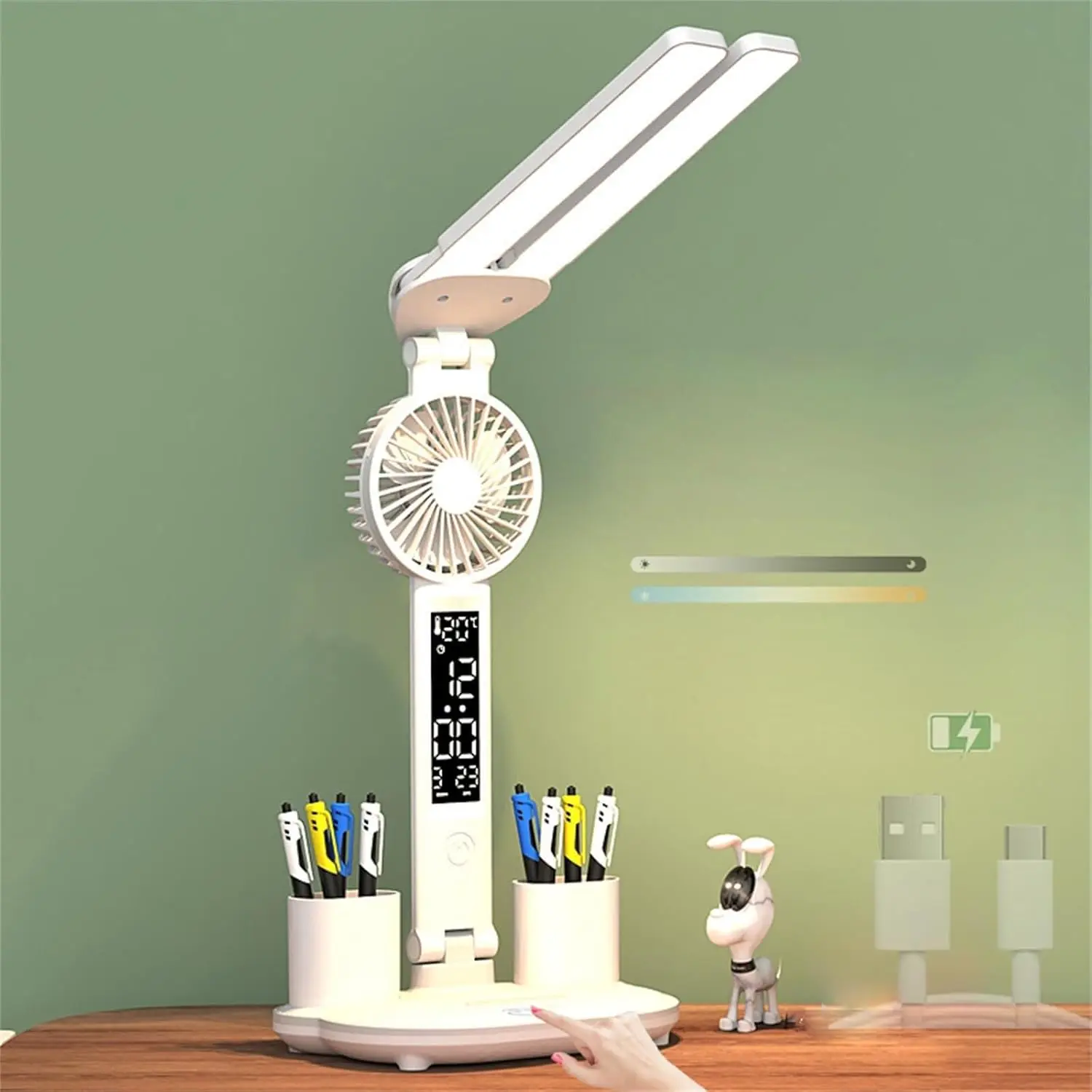 LED Desk Lamp with Fan - USB Power Lamp, Cordless, Batteries Included, Touch Dimmable Warm White, Adjustable Dual Head, Adjustable Lighting Modes, Clock, Date, °C Temp Display, Foldable Pen Holder, Book Lights for Bedroom Study Office Desk Accessories