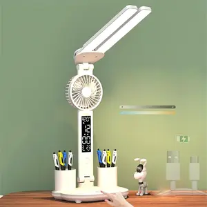 LED Desk Lamp with Fan USB Rechargeable Touch Dimmable Adjustable Dual Head with Clock Date Pen Holder Temperature Display (Only Celsius) Foldable for Office Bedroom Study(3200mAh)