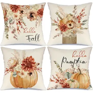 Fall Pumpkin Throw Pillow Covers Thanksgiving Farmhouse Decorations Wheat Floral Outdoor Fall Decor Pillow Covers 18x18 Set of 4 Harvest Autumn Cushion Case for Sofa Couch