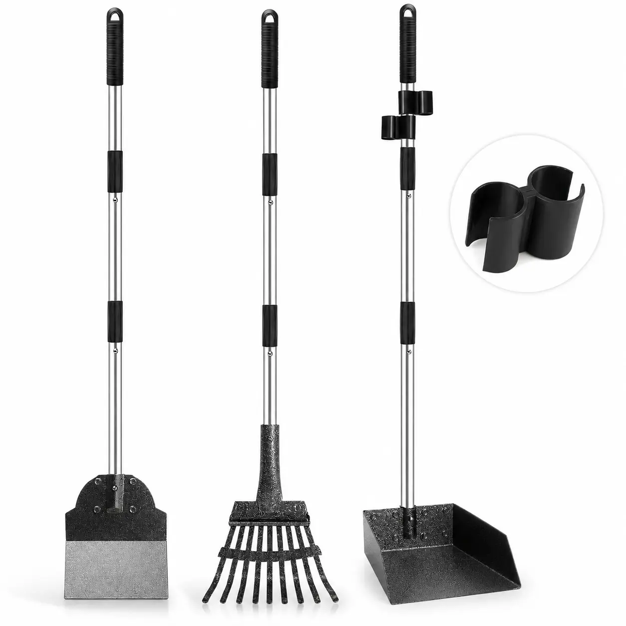 Dog Pooper Scooper Set, 3-Piece Stainless Steel No-Bend Pet Waste Cleanup Kit with Rake, Spade & Oversized Tray, Adjustable Long Handle for Grass, Gravel, Dirt & Concrete