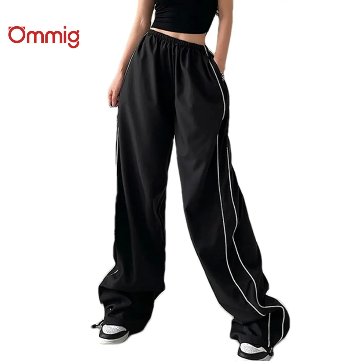 Ommig Women's Parachute Wideleg Pants Baggy Y2K Elastic Waist Wide Leg Track Pants Trousers Casual