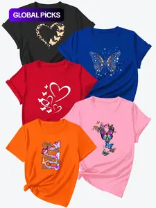 Women's Butterfly & Letter Print Round Neck Tee, Casual Short Sleeve Crew Neck T-shirt for Daily Wear, Ladies Sportswear for All Seasons