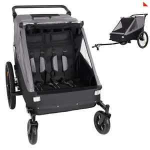 Aobtkel®2 in 1 Kids Bike Trailer and Stroller for 1 to 2 Children, Jogging Function, Foldable Compact Storage with Universal Bike Hitch, 5-Point Harness and Storage Bags, Gray，#Summervibes