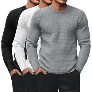 3 Pack Men's Waffle Long Sleeve Shirts, Crew Neck Thermal Underwear Tops Casual Pullover Sweaters Knit Undershirts Menswear Crewneck Plain
