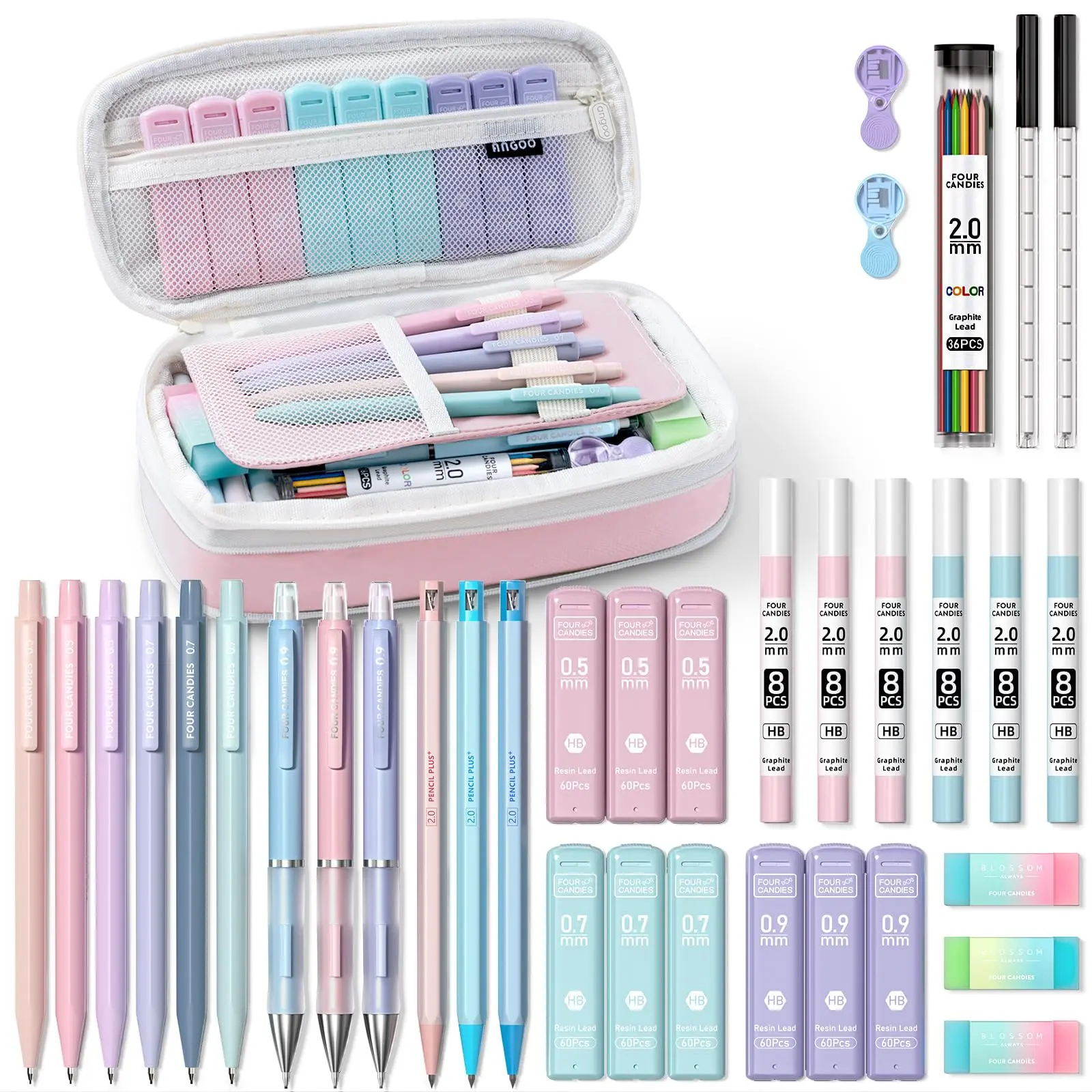 36PCS Aesthetic School Supplies, Mechanical Pencils 0.5mm, 0.7mm, 0.9mm & 2.0mm with 624PCS Lead Refills, Cute Mechanical Pencils for Writing, Drawing & Drafting (Pink)