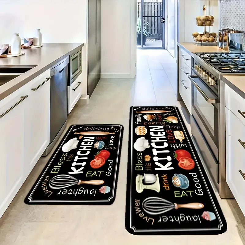 Black kitchen floor mats, 2-pack, diatomaceous earth foot pads with a kitchen-style pattern, long hallway runner rugs—soft, comfortable, and easy to clean—suitable for bathroom floors, kitchens, bedroom entrances, and hallway decoration.