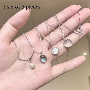1 set of 5 luxury moonlight necklaces, ocean blue and shell butterfly pendant, simple and elegant design, versatile and casual, the first choice for holiday gifts, clavicle chain, suitable for teenagers trendy fashion lover