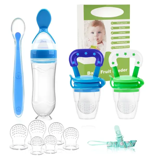 Baby Fruit Feeder Pacifier - 5 Pack | 2 Baby Food Feeder Pacifier & 1 Infant Food Dispensing Spoon | Fresh Fruit Teethers for Babies | Shower Gifts for Boys and Girls (Blue & Green)