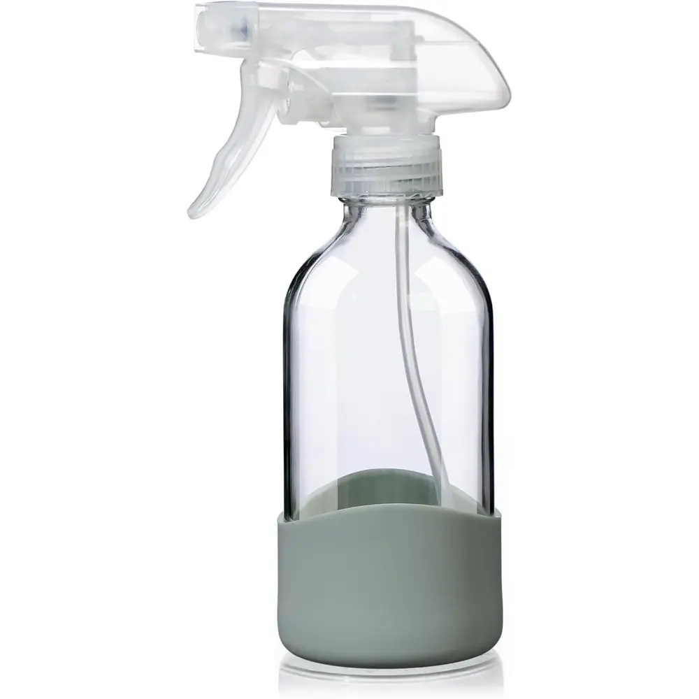 8oz Clear Glass Spray Bottles with Silicone Sleeve–Refillable Spray Bottles for Household Cleaning Solutions,Hair,Plants&Essential Oils–Leakproof,Adjustable Nozzle,Reusable,Eco-Friendly, Durable (1 Pack)