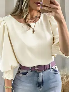 Elegant Casual Women's Blouse Shirts with Gathered Sleeves and Round Neck, Comfortable and Stylish Top, Casual Chic Top for Daily Wear, Perfect for Office and Leisure