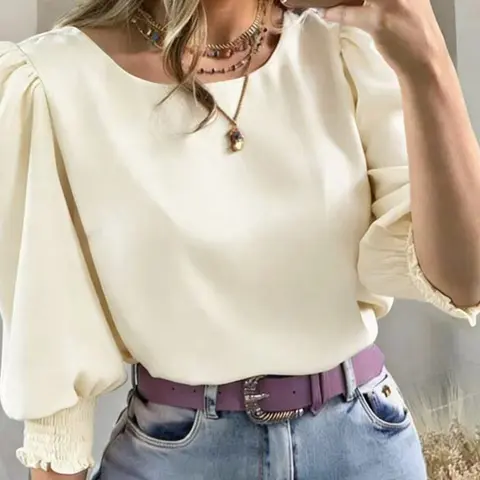 Elegant Casual Women's Blouse with Gathered Sleeves and Round Neck, Comfortable Stylish Top, Loose Tops, Casual Chic Blouse for Daily Wear, Perfect for Office and Leisure