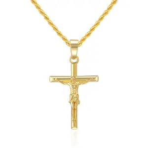 【Jesus Gift】Crucifix Cross Necklace for Men 18K Gold Plated Cross Pendant with 3mm 18"-24" Rope Chain for Men Women