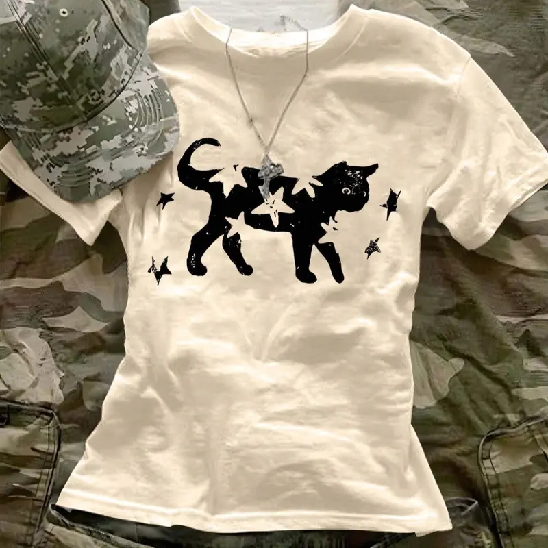 Vintage Y2K Style Cat Star Animal Print Half Sleeve Round Neck Casual Everyday Loose Fit Short Sleeve Top, All Season Retro Streetwear Vibe Summer Graphic Tee for Women, Casual Tee Shirts