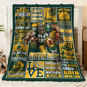 Green Bay Football Flannel Blanket, Vibrant Team - Spirit Printed Throw with Rugby Player & Themed Slogans, Cozy Fleece Blanket for Sports Fans, Perfect for Game Day & Home Decor, Ideal Gift
