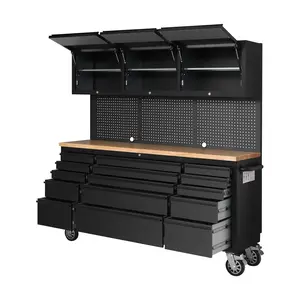 GARVEE 72" Tool Chest Tool Box, Heavy Duty Tool Chest Cabinet with 15 Drawers and 3 Upper Cabinets Combination Tool Cabinet, Large Tool Bench Organizer with Wood Top and Pegboard for Garage, Black
