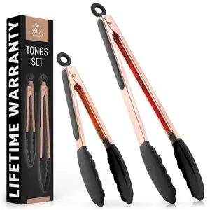 Zulay Kitchen 2 Piece Tong Set For Cooking (9" & 12") Silicone & Stainless Steel Tong Utensil Set Cookware Hanging