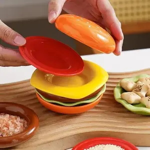 Set of 6 Cute Cartoon Burger Ceramic Plates, Home Kitchen High-End Family Serving Salad Bowls, Dessert Bowls, Small Dishes, Soy Sauce Dishes