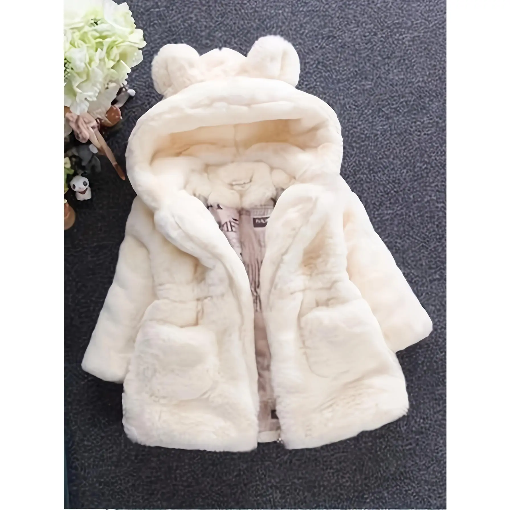Girls' Soft and Cute Plush Hooded Jacket Thick Fleece Open Front Warm Winter Autumn Clothing Outdoor Wear Pink