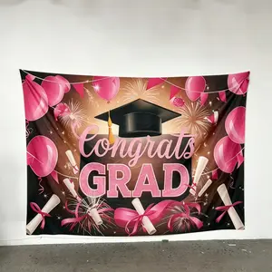 2D Flat Graduation Party Backdrop Banner with Flag and Cap Design, Perfect for Indoor Outdoor Graduation and Anniversary Decor, Graduation Party Decorations, Party Supplies, Party Decorations Banners