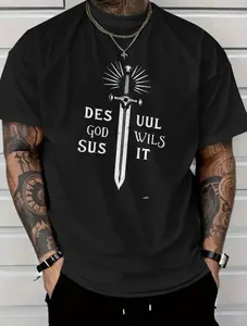 Black T-Shirt with Sword and DES GOD SUS UUL WILS IT Print for Casual Wear