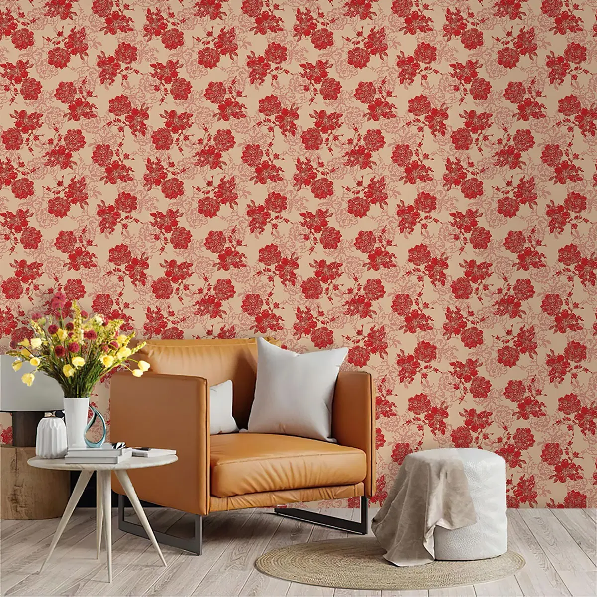 Vintage Rose Print Wallpaper, PVC Material, Peel and Stick, Ideal for Kitchen, Living Room, Bedroom, Wall Decor, Large Area Transformation