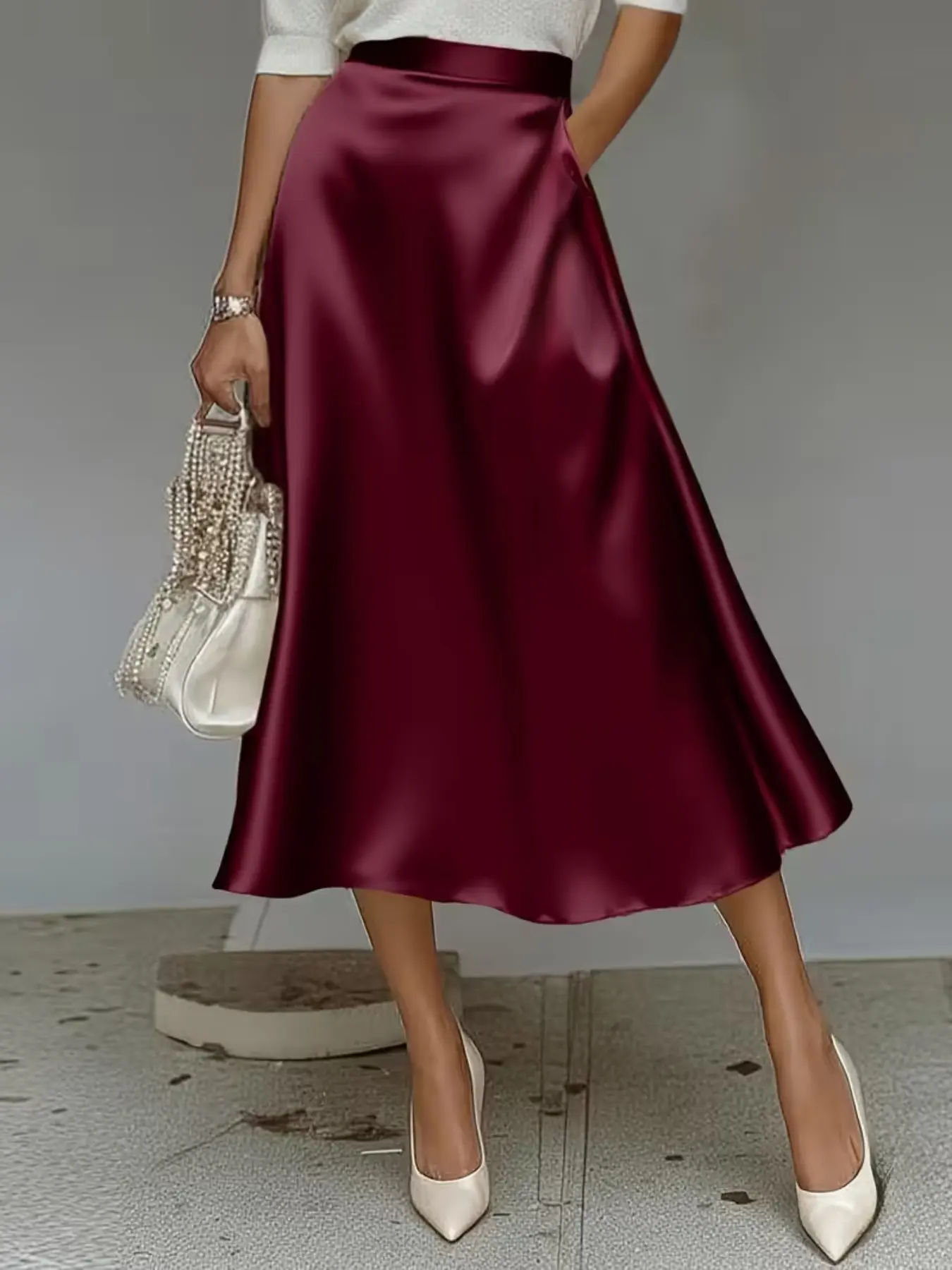 Summer New Arrival Satin Stretch Chiffon Fashion Chic Office Ladies Midi Skirt Bottoms, Minimalist Elegant A-Line Dress, All Seasons Wear