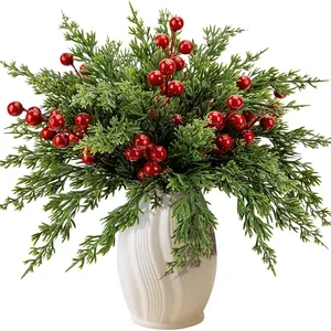 45 Pcs Christmas Artificial Pine Branches with Red Berry Stems, 10.5" Faux Evergreen Norfolk Pine Cypress Leaves Stems, Fake Foliage Pine Needles Picks for DIY Craft Garland Home DecorSuitable for Christmas, Halloween, and Christmas tree decorations