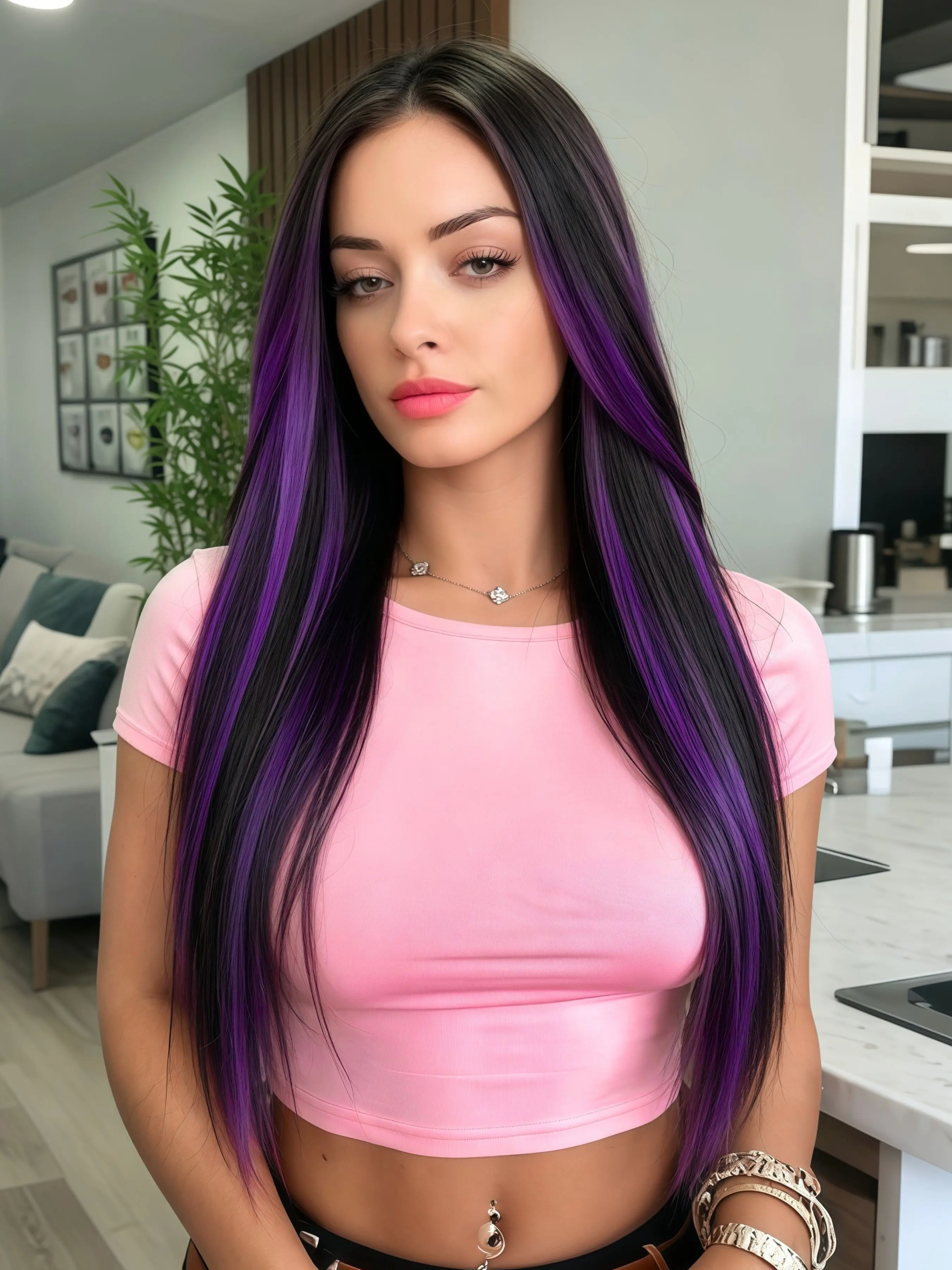 Purple Highlight Black Synthetic Lace Front Wig – Long Silky Black Ombre Straight Wig, Straight Lace Wigs, 13×4 High-Quality Heat-Resistant Synthetic Fiber Wig, Perfect for Women’s Daily and Holiday Wear, 28 Inches, 180% Density
