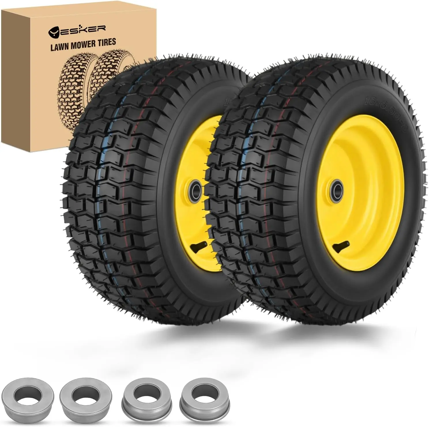 Yesker 2-Pack Pneumatic Lawn Mower Tires (16x6.50-8 Rubber), 3/4" Axle Bore, 3" Hub Length, Wide Tread, Reliable Traction, Natural Shock Absorption, Stable Load Handling, for Riding Mower Replacement Wheels & Lawn Care Equipment