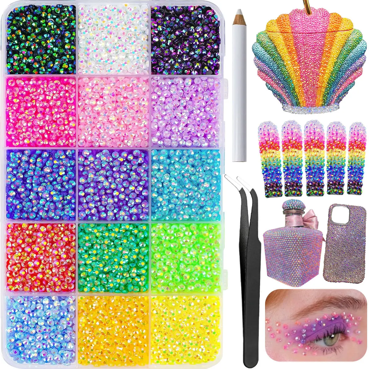 Resin Jelly Rhinestones Nail Art Kit - 18000Pcs 15-Color 3mm Flatback Bedazzled Kit, Includes Tools & Tweezers for DIY Nails at Home, DIY Crafts & Shoe Decor, Rhinestone Bedazzling Kit