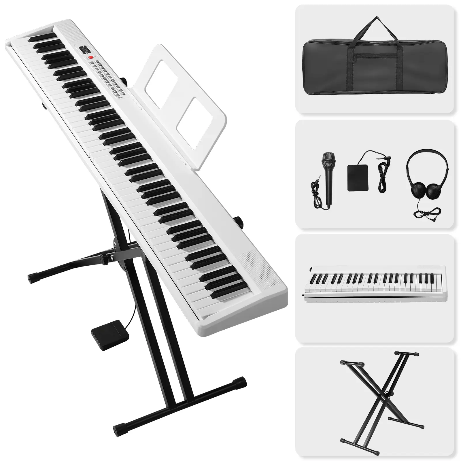 88-Key Semi-Weighted Folding Piano, Dual-Tube X-Shape Stand, MIDI, Bluetooth, Handbag, Headphone Included for Piano Lovers (White)