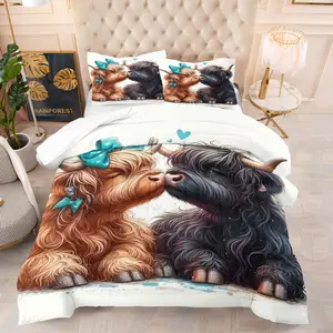 2/3 Piece Set of Highland Cow Pattern Printed Comforter Set, Kissing Yak Cute and Adorable, High-End and Atmospheric Suitable for Bedroom Decoration, Room Layout Bedding Set, 1 Quilt and 1/2 Pillowcase