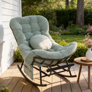 Oversized Corduroy Rocking Chair Outdoor, Nursery Glider Indoor, Patio Rocker Recliner with Footstool and Side Pocket, Oversized Papasan Chair for Porch, Balcony, Sunroom, Living Room, Garden Use