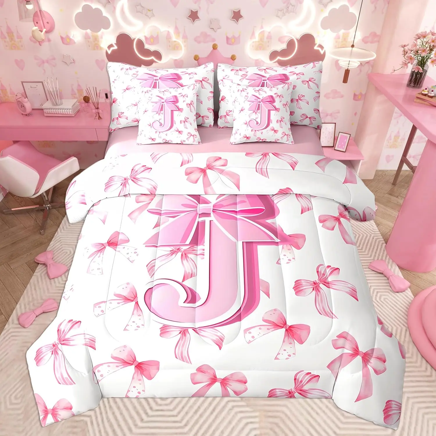 Kids Girls Cute Pink Bow Comforter Set with Sheets Monogrammed 7 Piece Bedding Set Personalized Initial J Bed in a Bag with Comforter,Sheets,Pillowcases Coquette Bow Modern Fashion