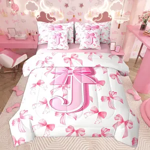 Kids Girls Cute Pink Bow Comforter Set with Sheets Monogrammed 7 Piece Bedding Set Personalized Initial J Bed in a Bag with Comforter,Sheets,Pillowcases Coquette Bow Modern Fashion