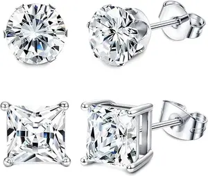 BESTEEL 2 Pairs Hypoallergenic CZ Black Stud Earrings for Men Women 316L Stainless Steel Square Round CZ Mens Earrings Studs Jewelry Set for Sensitive Ears 3-8MM Black Silver