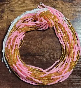 Tie On Body Jewelry - Pink & Gold 2 Waistbeads PLUS SIZE for Women, 55" Length