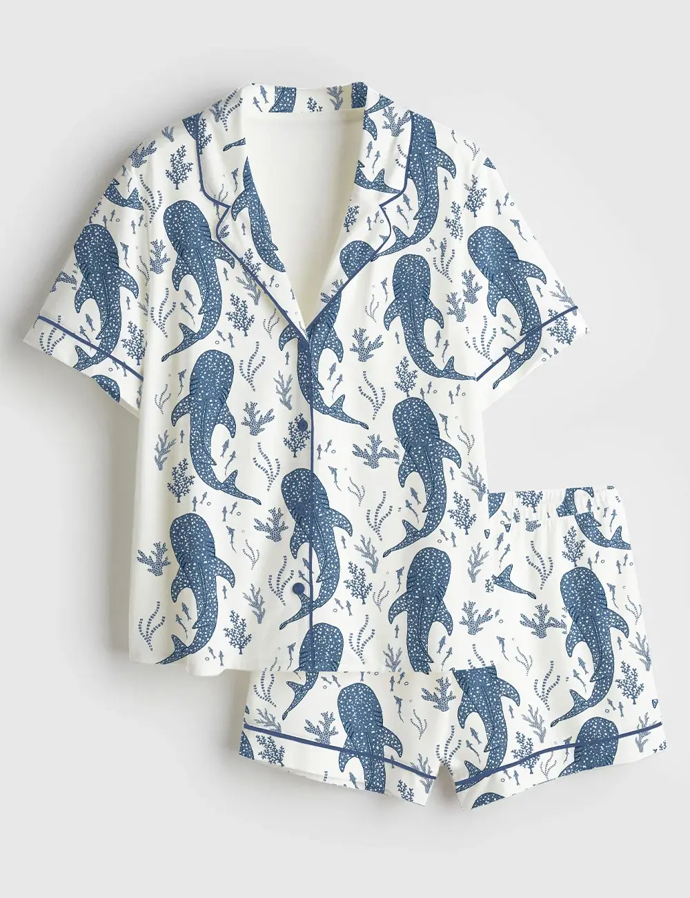 Women’s Whale Shark Beachy Long Sleeve Satin Pajama Set, Pajama Gifts for Her, Shorts & Pants | Custom Gift for Her | Bridesmaid Pajamas | Custom Jersey PJS