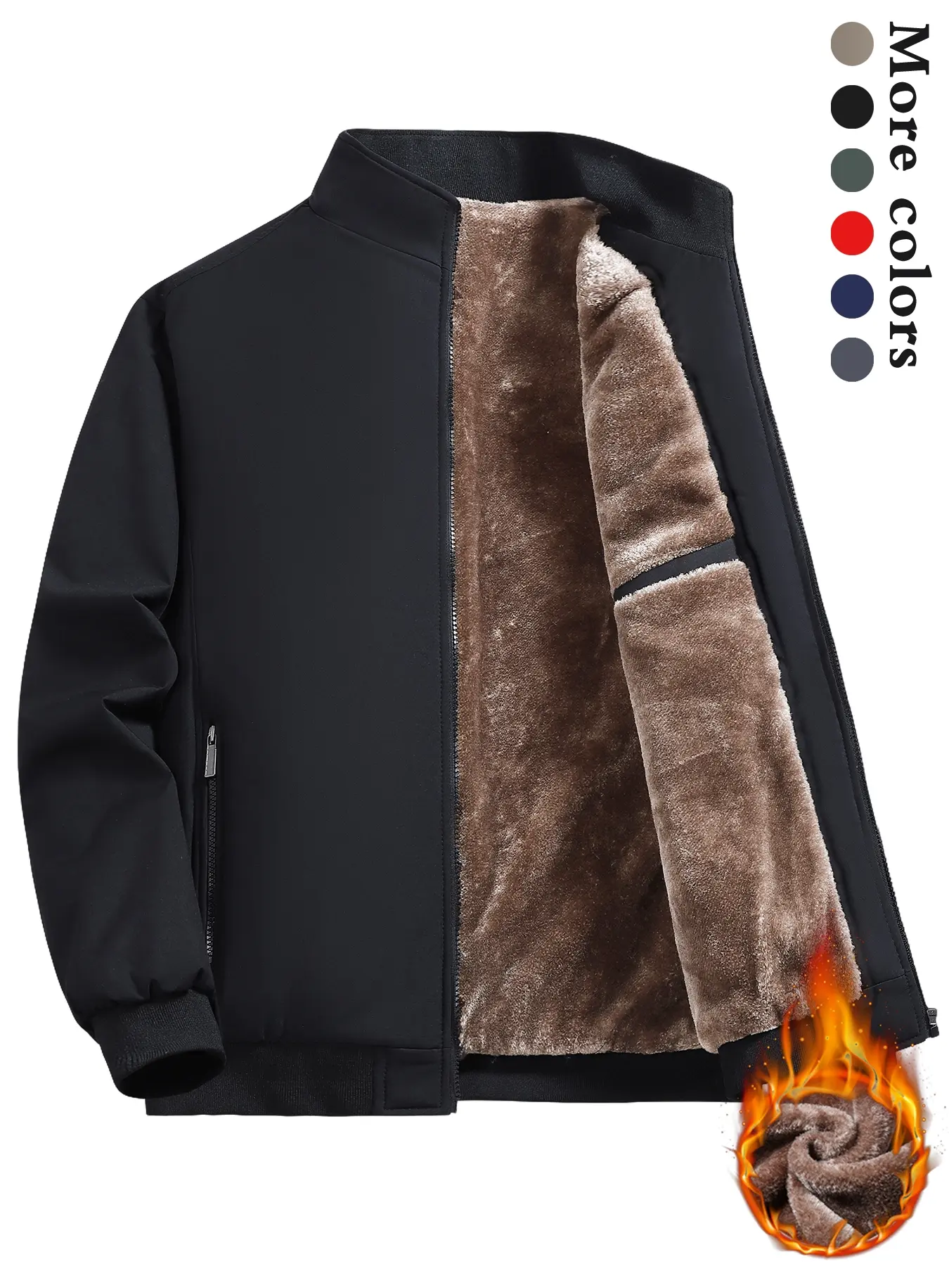 Men's Solid Color Zip Up Thick Thermal Lined Fleece Jacket, Coats, Regular Fit Casual Long Sleeve Zip Front Short Outerwear for Fall & Winter, Men's Clothes for Daily Wear