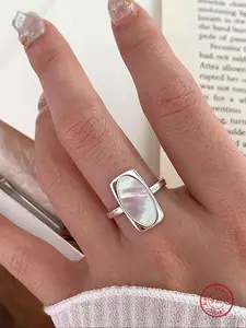 S925 Sterling Silver Simple Elegant Fashion Rings Geometric Square White Shell Ring, Open Adjustable Finger Ring for Women, Retro Party Dating Gift