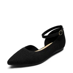 DREAM PAIRS Women's Breathable Knit Pointed Toe Ankle Strap Flats - Classic Half d'Orsay Footwear with Adjustable Buckle Strap, Soft Rubber Sole for Daily Wear, Shoe