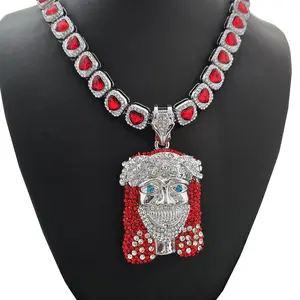 MaxBling81 Silver-Plated Smile Jesus Head Pendant - 20" Chain Link, Cubic Zirconia, Bling Red Gemstone Heart, Daily Fashion Costume Jewelry Accessory, Heart Cut-Out, Mcbling Style, Character Chain, Decorative Rhinestones, Gem Decoration Necklaces, Heart C