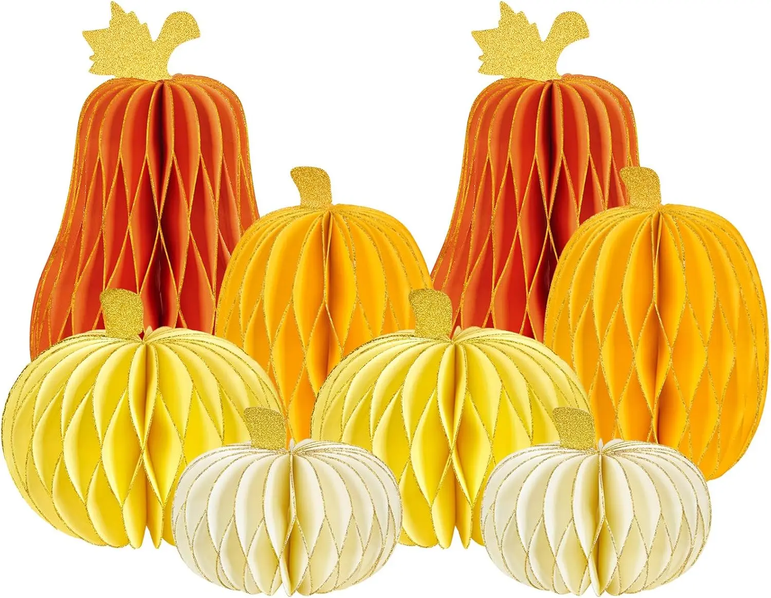 SUBBEAUTY 8-Count Paper-Based Pumpkin Honeycomb Centerpieces with Print Leaf Ornaments, Easy Assembly, Pre-Folded, 4 Colors, 16 Paper Clips - Orange Home Decor for Fall Halloween Party Table Decorations