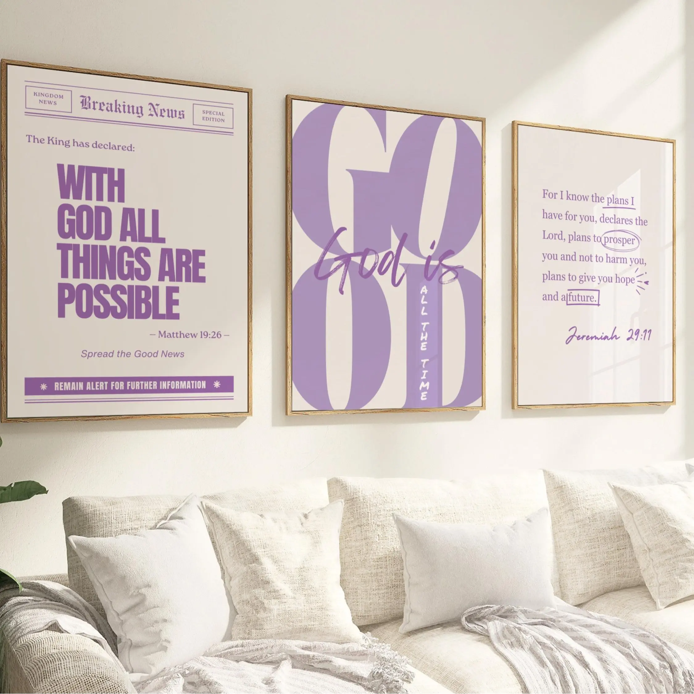 Set of 3 Purple Girly Christian Set of 3 poster Unframed Lavender God is Good All The Time Print Jeremiah 29 11 Wall Art With God all Things Are Possible