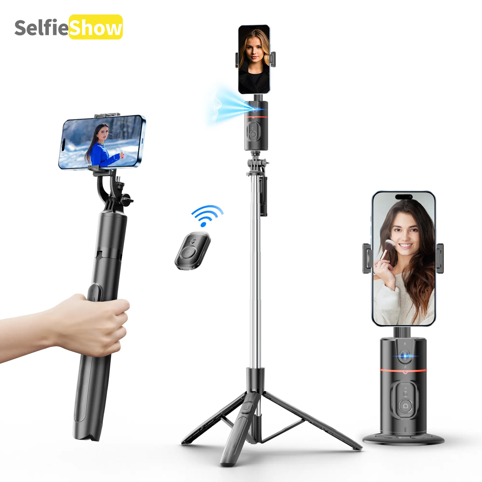 Auto face tracking phone holder, 64'' tripod, 360° rotation smart face tracking phone shooting holder, no app, gesture control. Compatible with iPhone