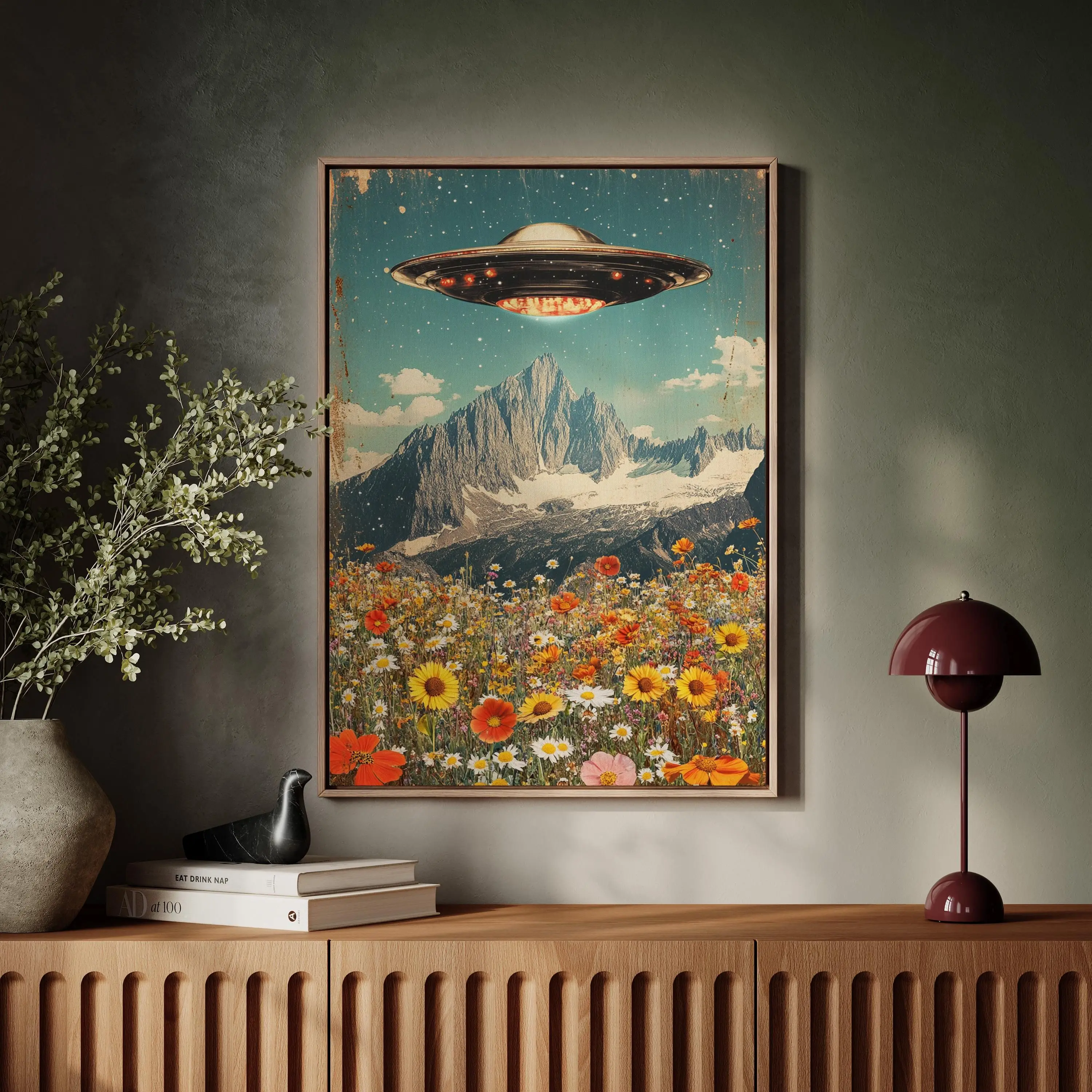 [SALE UP TO 40%] [Unframed] UFO Wall Art Vintage Alien Poster, Retro Sci Fi Spaceship, Mountain Wildflower Landscape, Surreal Outer Space Home Decor