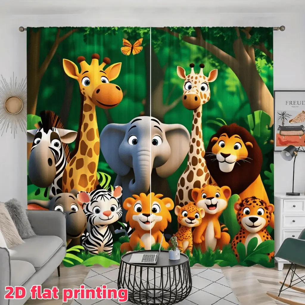 2D Flat 2Pcs Cartoon Animal Printed Curtain Panel, Cute Safari Jungle Theme Semi Sunshade Pole Pocket Window Curtains for Living Room Bedroom, Home Decor, Anti-Privacy, Accessory, Home Decoration Curtain .