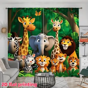 2D Flat 2Pcs Cartoon Animal Printed Curtain Panel, Cute Safari Jungle Theme Semi Sunshade Pole Pocket Window Curtains for Living Room Bedroom, Home Decor, Anti-Privacy, Accessory, Home Decoration Curtain .