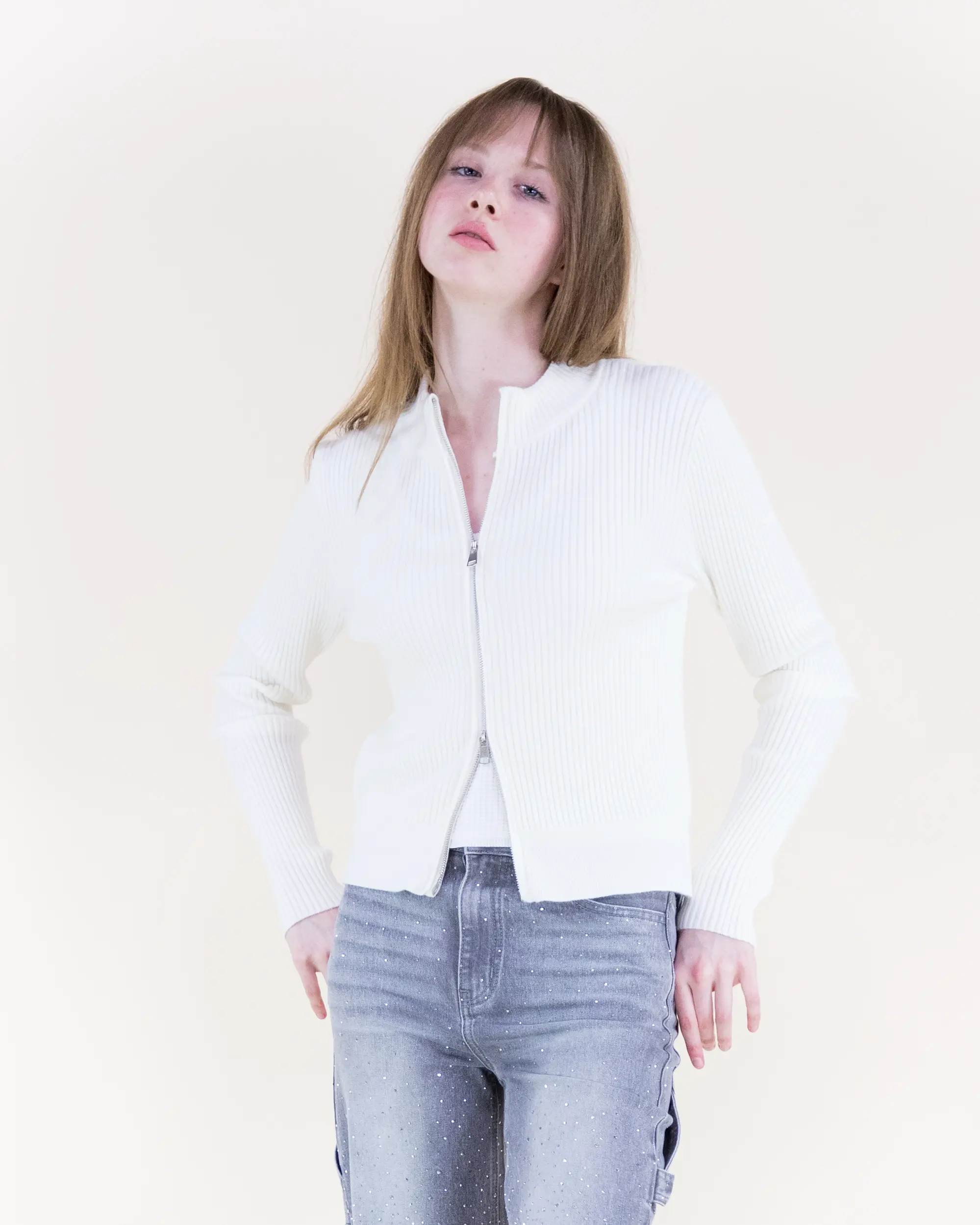 Original USA Women's Basic Solid Ribbed Knit Cardigan, Fitted Long Sleeve Top with Round Neck and 2-Way Zip-Up, Olive, Tops, Knitting, Loose, Knitwear, Casual