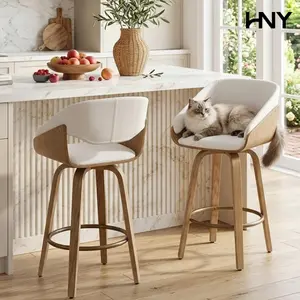 HNY Modern Maple 26" Swivel Barstools Set of 2 - Mid-Century Beige Linen & Wood Barrel Seats for Kitchen Island, Round Footrest